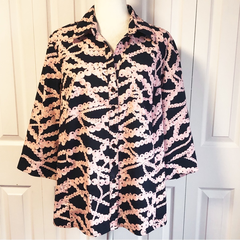 Apostrophe Navy Blue & Pink Pearl Print 3/4 Sleeve Shirt 16W